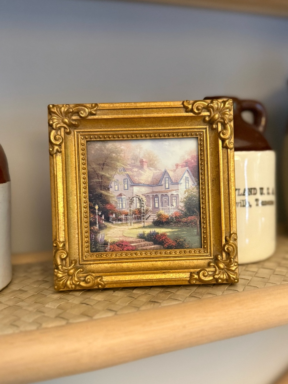 Vintage mini 1998 THOMAS KINKADE 4X4 gold frame art work.